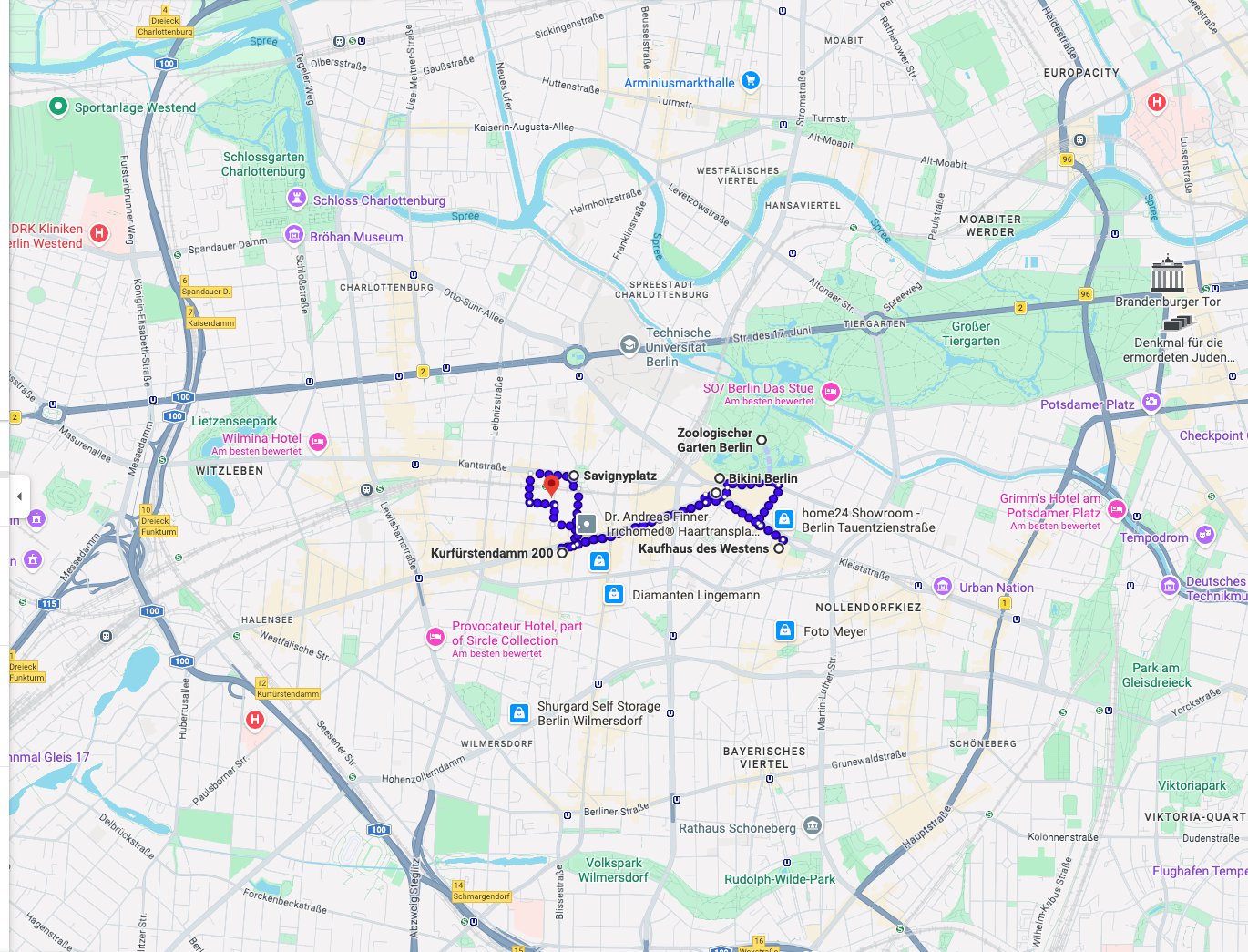 Fußgänger-Route von Bleibtreustraße 12 durch die Kiez-Highlights